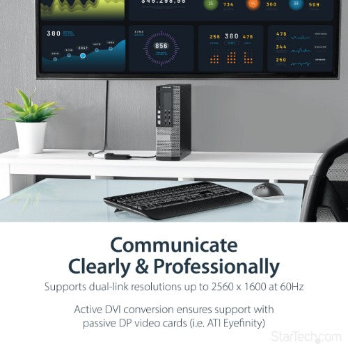 StarTech.com DisplayPort to DVI Dual Link Active Adapter - DisplayPort to DVI-D Adapter Video Converter 2560x1600 60Hz - DP 1.2 to DVI Monitor - USB Powered - Latching DP Connector