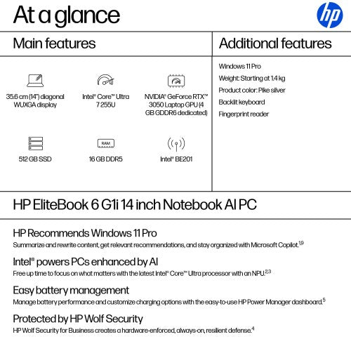 HP EliteBook 6 G1i Intel Core Ultra 7 255U Laptop 35.6 cm (14") WUXGA 16 GB DDR5-SDRAM 512 GB SSD Wi-Fi 7 (802.11be) Windows 11 Pro AI PC Silver