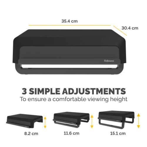 Fellowes Computer Monitor Stand with 3 Height Adjustments - Breyta Monitor Riser with Cable Management - Ergonomic Adjustable Monitor Stand for Computers - Max Weight 15KG - Black