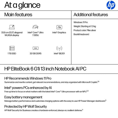 HP EliteBook 6 G1i AI PC Intel Core Ultra 7 265U Laptop 33.8 cm (13.3") WUXGA 32 GB DDR5-SDRAM 1 TB SSD Wi-Fi 7 (802.11be) Windows 11 Pro Silver