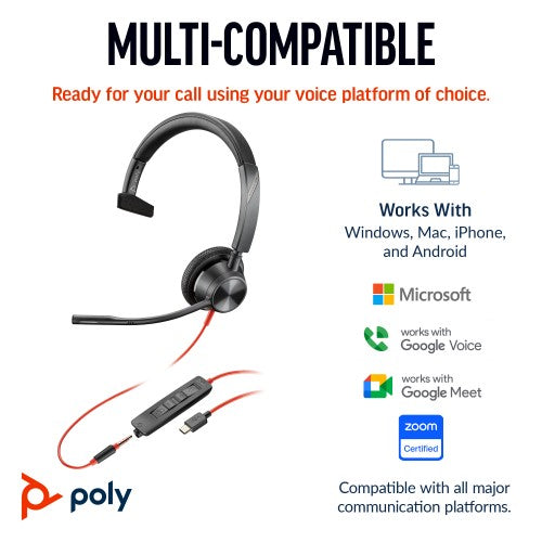 HP Poly Blackwire 3315 Monaural USB-C Headset +3.5mm Plug +USB-C/A Adapter