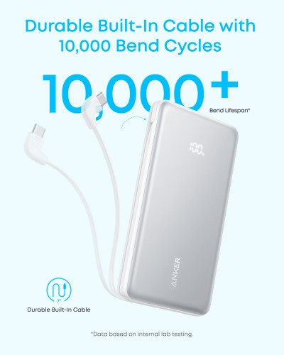 Anker Zolo Power Bank, 10,000mAh Portable Charger 22.5W Output with Built-in USB-C Cable, Black