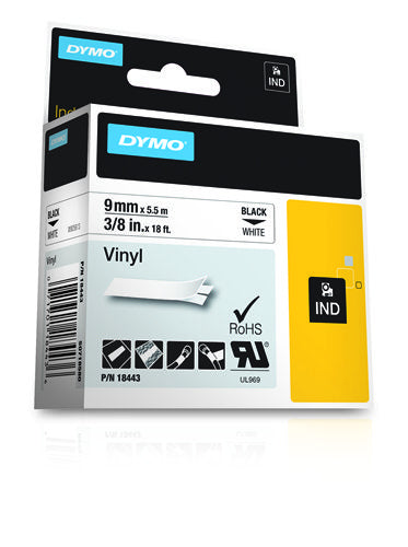 Dymo 18443/S0718580 Ribbon Vinyl black on white 9mm x 5,5m for Dymo Rhino 6-12mm/19mm/24mm