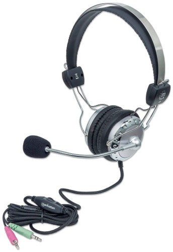 Manhattan Stereo Over-Ear Headset (3.5mm), Microphone Boom (padded), Adjustable Steel Headband, In-Line Volume Control, Ear Cushions, Std 2x 3.5mm stereo jack/plug for audio/mic use, cable 2.5m, 3 Year Warranty