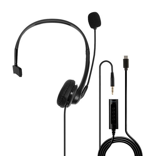 Lindy 3.5mm and USB Type C Monaural Headset with In-Line Control