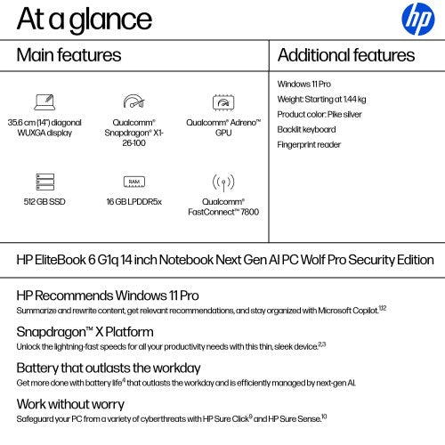 HP EliteBook 6 G1q Next Gen AI PC Wolf Pro Security Edition Copilot+ PC Snapdragon X1-26-100 Laptop 35.6 cm (14") WUXGA 16 GB LPDDR5x-SDRAM 512 GB SSD Wi-Fi 7 (802.11be) Windows 11 Pro Silver