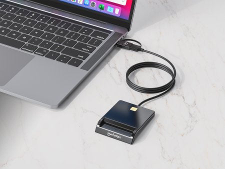 Manhattan USB-A / USB-C combo Smart Card Reader, USB 2.0 Type-C and Type-A Male to Contact Reader Interface, Supports Windows, macOS and Linux, Reads SIM Cards with Adapter (not included or available from ), 1m Cable, Black