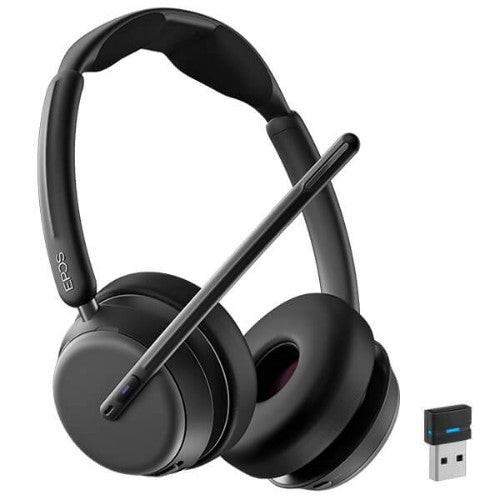 EPOS On-ear Bluetooth® headset. Supplied with a BTD 900c dongle, a USB‑C to USB‑A adapter, and a USB‑C charging cable. Features ANC, BrainAdapt™ technologies, and AI™‑powered voice pickup and noise cancellation, ensuring your voice sounds natural and clea