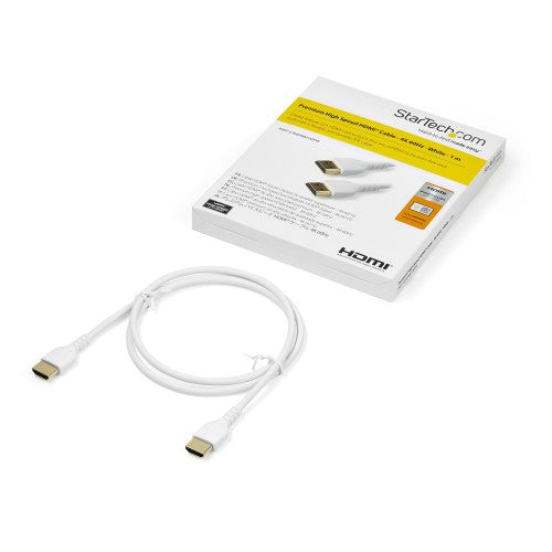 StarTech.com 3ft (1m) Slim HDMI 2.0 Cable, Flexible Premium Certified HDMI Cord with Ethernet, UHD 4K 60Hz HDR10, Durable Aramid Fiber Design with TPE Jacket, White