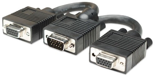 Manhattan SVGA Y Cable, HD15, 15cm, Male to Females, Splits an SVGA connection between two monitors, Compatible with VGA, Fully Shielded, Black, Lifetime Warranty