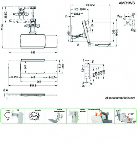 Amer Mounts AMR1WS monitor mount / stand 61 cm (24") Wall White