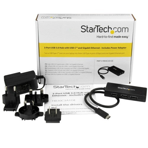 StarTech.com 3-Port USB 3.0 Hub plus Gigabit Ethernet - USB-C - Includes Power Adapter~3-Port USB-C Hub with Gigabit Ethernet - USB-C to 3x USB-A - USB 3.0 (5Gbps) - Includes Power Adapter