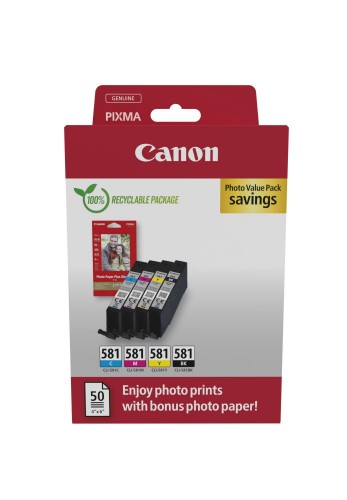 Canon 2106C006/CLI-581 Ink cartridge multi pack Bk,C,M,Y + Photopaper 50 sheet 10x15cm 1505/256/237/257 pg Pack=4 for Canon Pixma TS 6150/8150