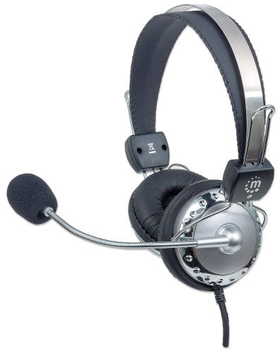 Manhattan Stereo Over-Ear Headset (3.5mm), Microphone Boom (padded), Adjustable Steel Headband, In-Line Volume Control, Ear Cushions, Std 2x 3.5mm stereo jack/plug for audio/mic use, cable 2.5m, 3 Year Warranty