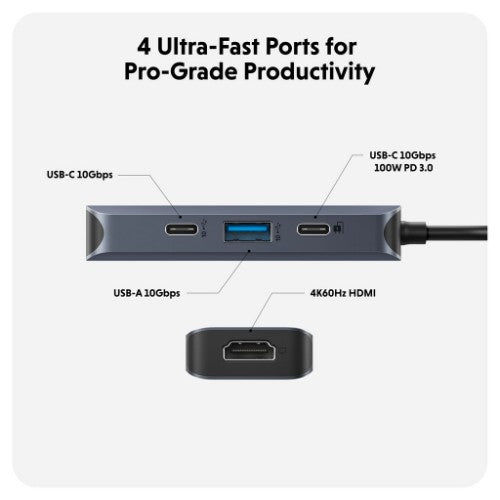 HYPER HD4001GL interface hub USB 3.2 Gen 1 (3.1 Gen 1) Type-C 10000 Mbit/s Blue, Grey