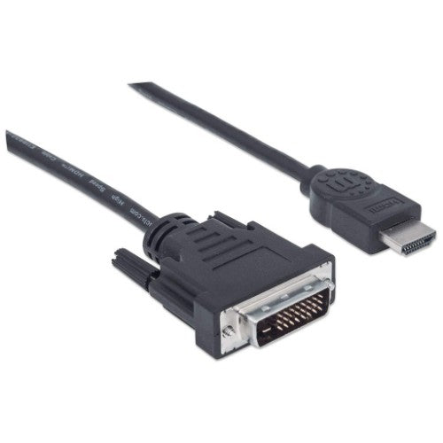 Manhattan HDMI to DVI-D 24+1 Cable, 1.8m, Male to Male, Black, Dual Link, Compatible with DVD-D, Lifetime Warranty, Equivalent to HDMIDVIMM6