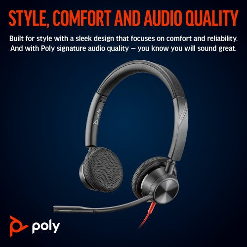 HP Poly Blackwire 3325 Stereo USB-C Headset +3.5mm Plug +USB-C/A Adapter