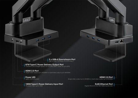 Manhattan Dual Desk Mount for TV & Monitors (Full Motion Gas Spring) with built-in Dock, For screens to 27", Ports (x7): Ethernet,HDMI (x2),USB-A (x3) and USB-C,Power Delivery (100W) to USB-C Port (Separate USB-C wall charger/cable needed),VESA: 75x75 and