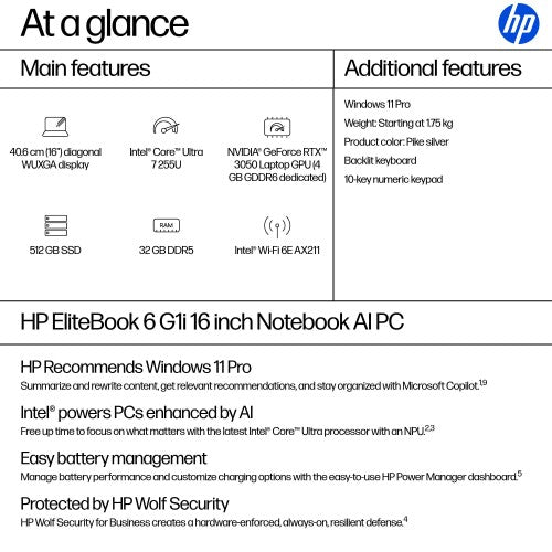 HP EliteBook 6 G1i Intel Core Ultra 7 255U Laptop 40.6 cm (16") WUXGA 32 GB DDR5-SDRAM 512 GB SSD Wi-Fi 6E (802.11ax) Windows 11 Pro AI PC Silver