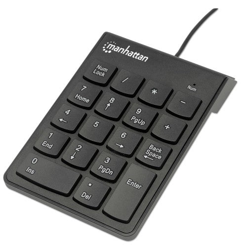 Manhattan Numeric Keypad, Wired, USB-A, 18 Full Size Keys, Black, Membrane Key Switches, Windows and Mac, Three Year Warranty