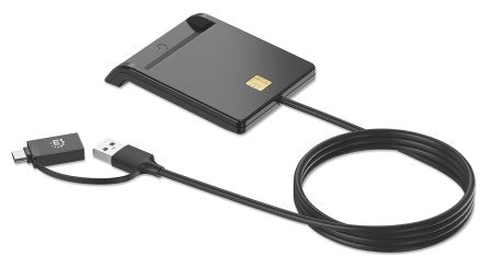 Manhattan USB-A / USB-C combo Smart Card Reader, USB 2.0 Type-C and Type-A Male to Contact Reader Interface, Supports Windows, macOS and Linux, Reads SIM Cards with Adapter (not included or available from ), 1m Cable, Black