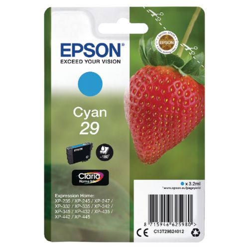 Epson C13T29824012/29 Ink cartridge cyan, 180 pages ISO/IEC 19752 3,2ml for Epson XP 235/335