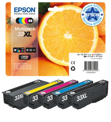 Epson C13T33574510/33XL Ink cartridge multi pack high-capacity Bk,C,M,Y,PBK Easymail 12,2ml+3x8,9ml+8,1ml Pack=5 for Epson XP 530