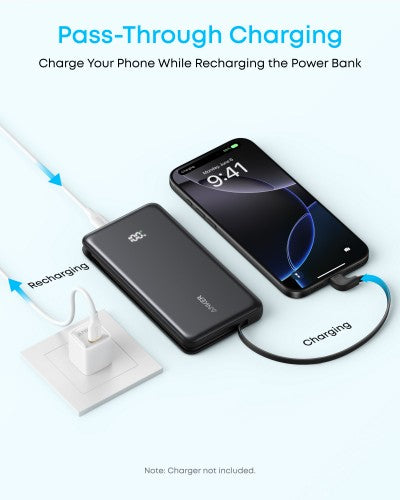 Anker Zolo Power Bank, 10,000mAh Portable Charger 22.5W Output with Built-in USB-C Cable, Black