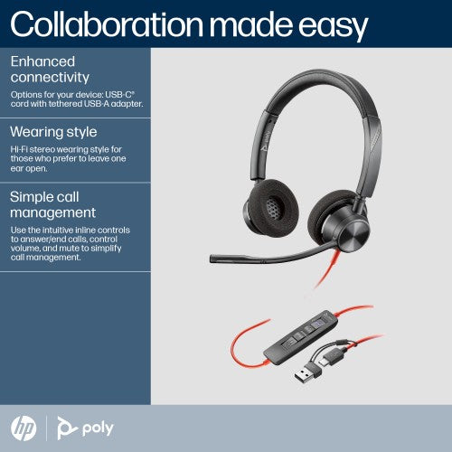 HP Poly Blackwire 3320 Stereo Microsoft Teams Certified USB-C Headset +USB-C/A Adapter