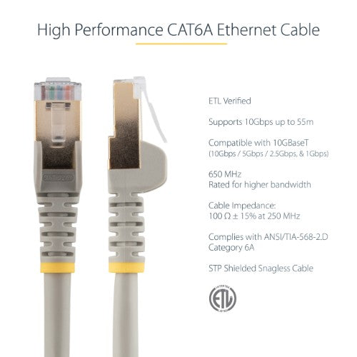 StarTech.com 0.50m CAT6a Ethernet Cable - 10 Gigabit Shielded Snagless RJ45 100W PoE Patch Cord - 10GbE STP Network Cable w/Strain Relief - Grey Individually Tested/Wiring is UL Certified/TIA