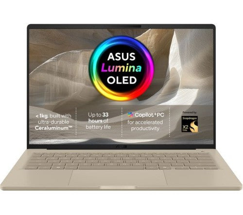 ASUS Zenbook A14 UX3407NA-QD148W - Copilot+ PC - Snapdragon X2 Elite - X2E-88-100 / up to 4.7 GHz - Win 11 Home - Qualcomm Adreno - 16 GB RAM - 1 TB SSD NVMe - 14" OLED 1920 x 1200 - Wi-Fi 7, Bluetooth - zabriskie beige