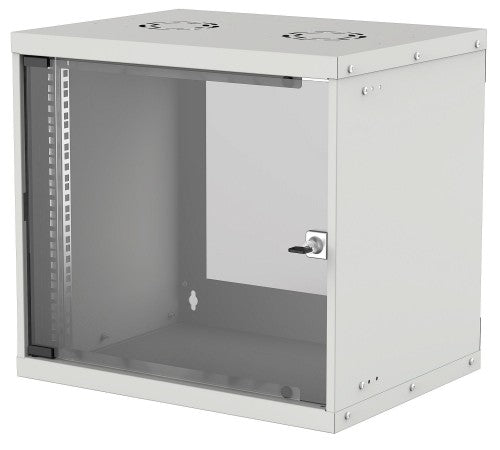 Intellinet 19" Network Cabinet - Wall Mount (Basic), 9U, 400mm Deep, Grey, Flatpack, Max 50kg, Usable Depth 340mm, Glass Door, Rack, Parts for wall installation (eg screws and rawl plugs) not included