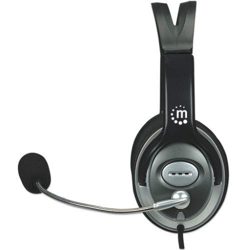 Manhattan Stereo Over-Ear Headset (3.5mm), Microphone Boom (padded), Adjustable Steel Headband, In-Line Volume Control, Ear Cushions, Std 2x 3.5mm stereo jack/plug for audio/mic use, cable 2.5m, 3 Year Warranty