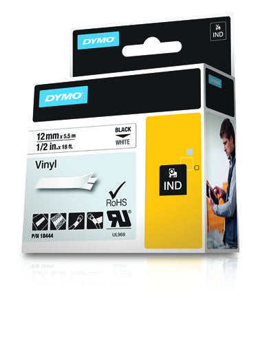 Dymo 18444/S0718600 Ribbon Vinyl black on white 12mm x 5.5m for Dymo Rhino 6-12mm/19mm/24mm