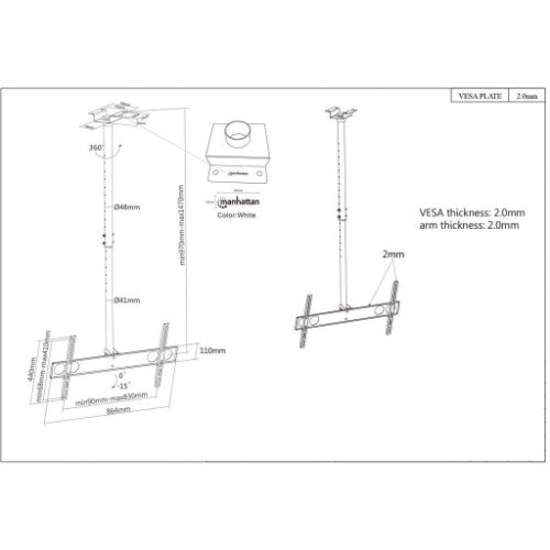 Manhattan Ceiling Mount for TV & Monitors, For screens: 37" to 75", Adjustable height: 105-156 cm, VESA compatability: all between 200x200 to 800x400mm - check the dimensions of the four mounting holes on back of screen to ensure it fits, Max 50kg, LFD,Br