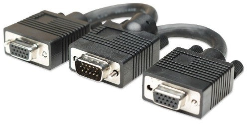 Manhattan SVGA Y Cable, HD15, 15cm, Male to Females, Splits an SVGA connection between two monitors, Compatible with VGA, Fully Shielded, Black, Lifetime Warranty