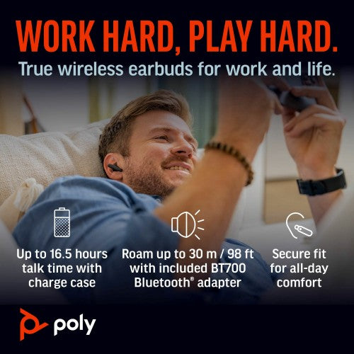 HP Poly Voyager Free 60+ UC M Carbon Black Earbuds +BT700 USB-A Adapter +Touchscreen Charge Case