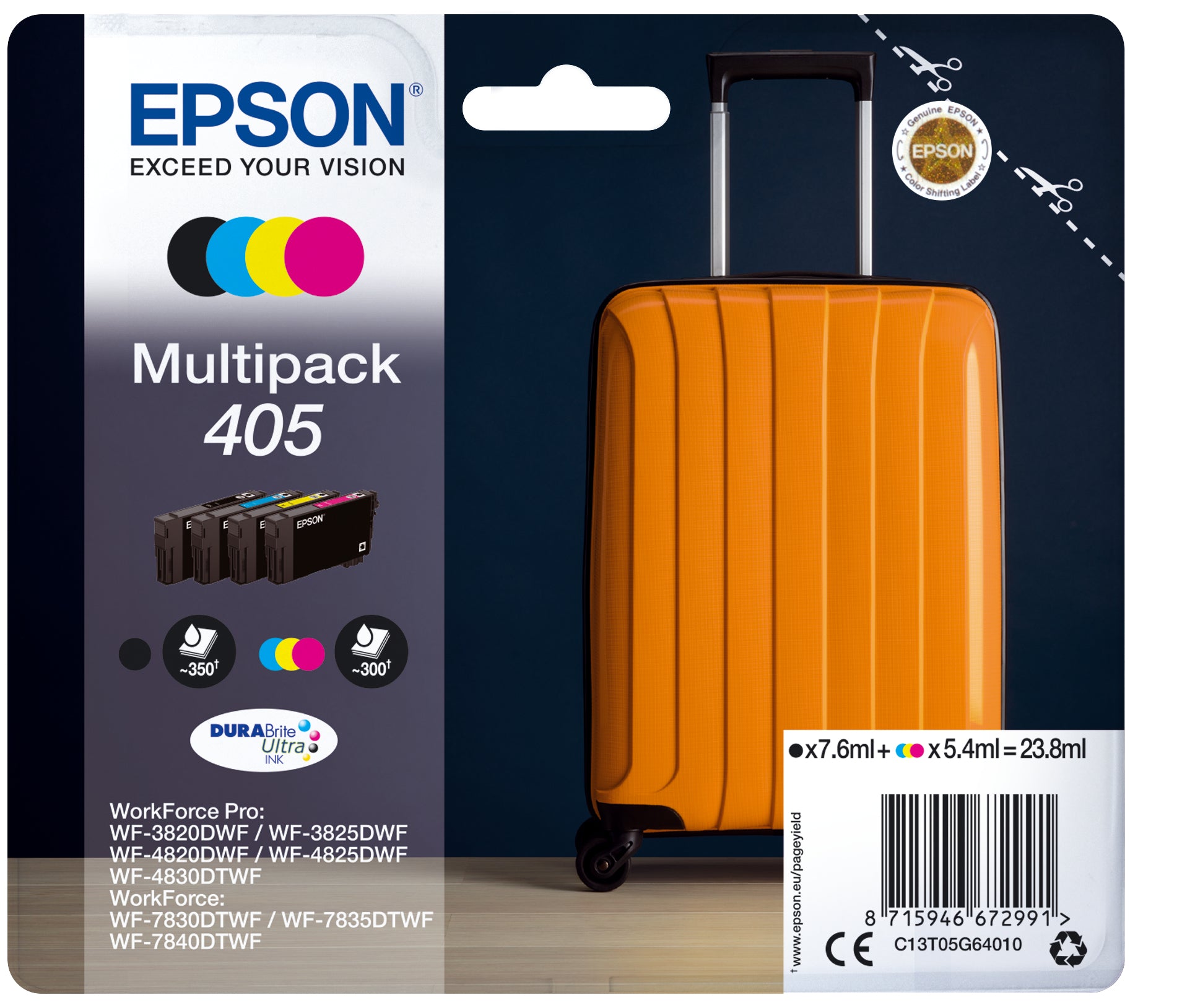 Epson C13T05G64010/405 Ink cartridge multi pack Bk,C,M,Y, 4x1.25K pages 23.8ml 7,6ml + 3x5,4ml Pack=4 for Epson WF-3820/7830