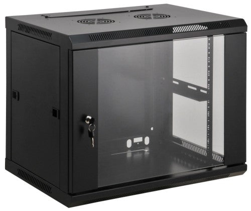 Intellinet 19" Network Cabinet - Wall Mount (Standard), 9U, 600mm Deep, Black, Assembled, Max 60kg, Suitable also for use on desk or floor, Usable Depth 500mm, Metal & Glass Door, Back Panel, Removeable Sides, Parts for wall install (eg screws/rawl plugs)