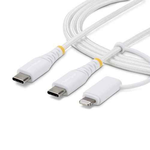 StarTech.com 2m (6ft) 2-in-1 Rugged USB-C Charging Cable with Lightning Adapter, 30W/60W (3A), Apple MFi Certified, Braided USB C Charger Cord for iPhone/iPad/Android