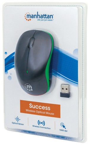 Manhattan Success Wireless Mouse, Black/Green, 1000dpi, 2.4Ghz (up to 10m), USB, Optical, Three Button with Scroll Wheel, USB micro receiver, AA battery (included), Low friction base, Three Year Warranty