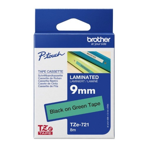 Brother TZE-721 DirectLabel black on green Laminat 9mm x 8m for Brother P-Touch TZ 3.5-18mm/6-12mm/6-18mm/6-24mm/6-36mm