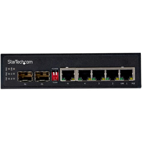 StarTech.com Industrial 6 Port Gigabit Ethernet Switch 4 PoE RJ45 +2 SFP Slots 30W PoE+ 48VDC 10/100/1000 Power Over Ethernet LAN Switch -40C to 75C with DIN Connector/Mountable