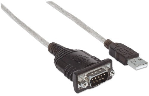 Manhattan USB-A to Serial Converter cable, 45cm, Male to Male, Serial/RS232/COM/DB9, Prolific PL-2303HXD Chip, Black/Silver cable, Three Year Warranty