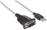 Manhattan USB-A to Serial Converter cable, 45cm, Male to Male, Serial/RS232/COM/DB9, Prolific PL-2303HXD Chip, Black/Silver cable, Three Year Warranty