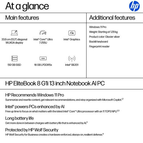 HP EliteBook 8 G1i AI PC Intel Core Ultra 7 255U Laptop 33.8 cm (13.3") WUXGA 16 GB LPDDR5x-SDRAM 512 GB SSD Wi-Fi 7 (802.11be) Windows 11 Pro Silver