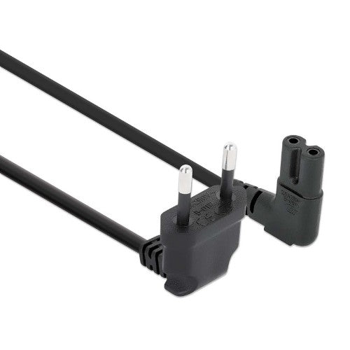 Manhattan Mains Power Cord/Cable (Right Angled), Euro 2-pin (CEE 7/16 Euro 8) plug to C7 Female (figure of eight), 2m, 2.3A, Black, Lead, Lifetime Warranty
