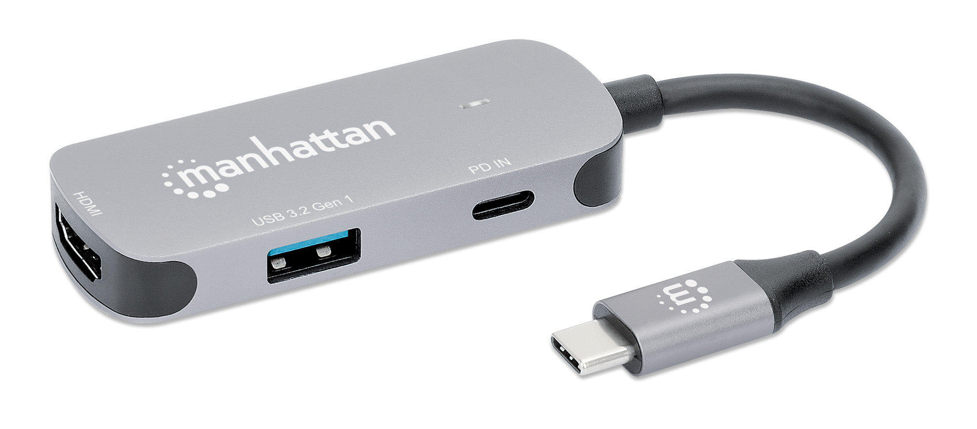 Manhattan USB-C Dock/Hub, Ports (x3): HDMI, USB-A and USB-C, With Power Delivery (100W) to USB-C Port (Note additional USB-C wall charger and USB-C cable needed), HDMI: 4k@60Hz, USB-A: 5 Gbps USB 3.2 Gen1 aka USB 3.0, Cable 11cm, Grey  - Computers - Manhattan