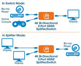 Manhattan HDMI Switch 2-Port, 4K@30Hz, Bi-Directional, Black, Displays output from x1 HDMI source to x2 HD displays (same output to both displays) or Connects x2 HDMI sources to x1 display, Manual Selection, No external power required, 3 Year Warranty