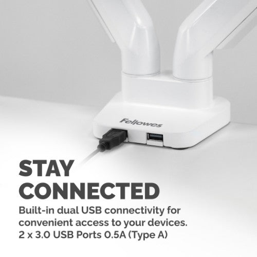 Fellowes Platinum Series Dual Monitor Arm - Monitor Mount for Two 8KG 40 Inch Screens - Adjustable Dual Monitor Desk Mount - Tilt 45° Pan 180° Swivel 360° Rotation 360°, VESA 75 x 75/100 x 100 - White